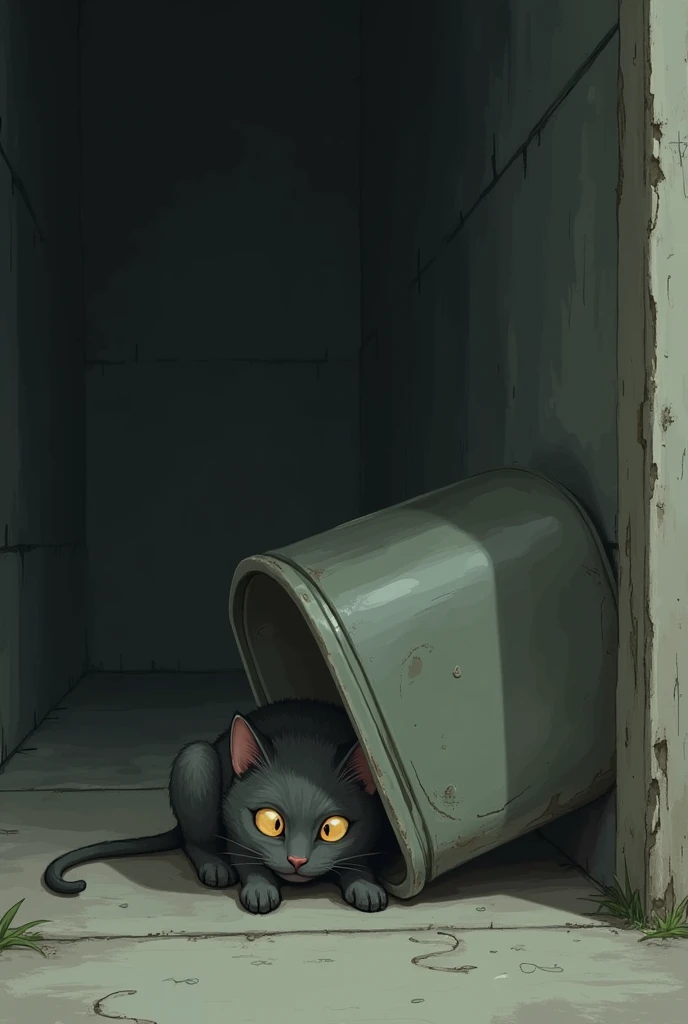 The little gray cat hid behind a litter box afraid. He was hungry, he missed home... he was sad