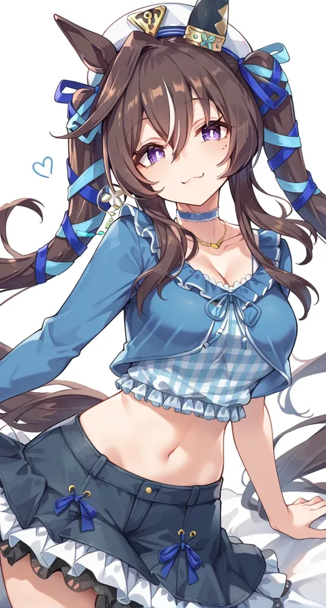 vivlos (umamusume), viv casual, animal ears, beret, black skirt, blue choker, blue ribbon, blue shirt, brown hair, collarbone, earrings, floating hair, frilled choker, frilled shirt collar, frilled skirt, frills, hair between eyes, hair ribbon, hat, head t...