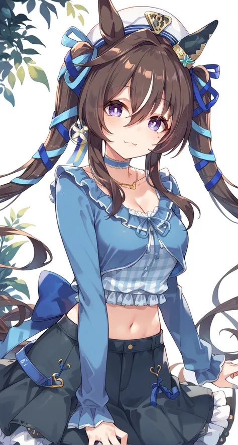 vivlos (umamusume), viv casual, animal ears, beret, black skirt, blue choker, blue ribbon, blue shirt, brown hair, collarbone, earrings, floating hair, frilled choker, frilled shirt collar, frilled skirt, frills, hair between eyes, hair ribbon, hat, head t...