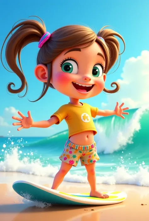 girl full body cartoon that is wearing rush guard and holding surf board and hair ties