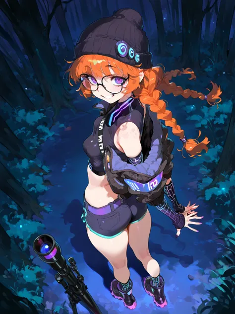 ( masterpiece, best quality, amazing quality, very aesthetic), \(rocks, forest, night\), 1girl, solo, \(orange hair, purple eyes, Messy Twin Braids with Curtain Bangs hairstyle, glasses, freckles, small breasts, Crop Top, Boots, Cyber Goth Arm Warmers, sho...