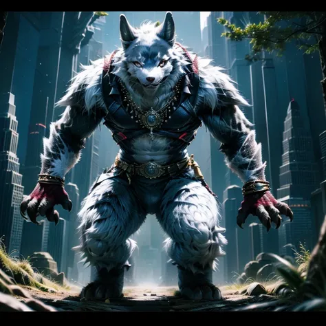 white werewolf, eyes blue, jacket, casting magic spell, strong, standing 