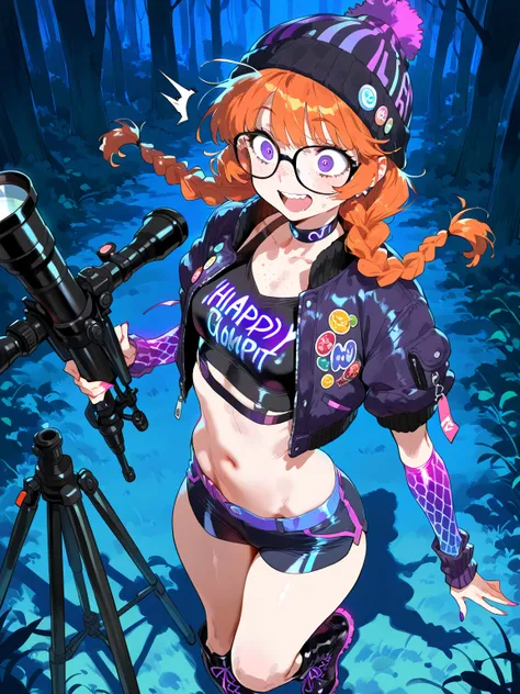 (NSFW, masterpiece, best quality, amazing quality, very aesthetic), \(rocks, forest, night\), 1girl, solo, \(orange hair, purple eyes, Messy Twin Braids with Curtain Bangs hairstyle, glasses, freckles, small breasts, Crop Top, Boots, Cyber Goth Arm Warmers...