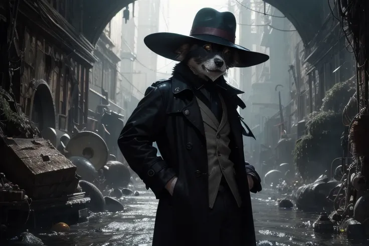 Layouts Using the Rule of Thirds ,（Dog wearing a hat in a trench coat costume with a monocle）, portraits,(Intense Shadows:1.3),water vapor,( horror style ),(curse:1.3),(soul:1.3),(ultra  by Nomi 8k cg,  RAW Photo,  top quality,  masterpiece:1.2), High Res ...