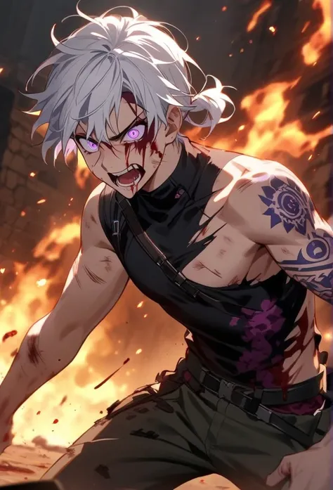   young Greek boy with long white hair tied , left arm with purple tattoo ,  tattoos with fire symbols around the entire arm, arm full of fire tattoos ,  violet eyes , wearing a torn and battle-damaged black turtleneck shirt,  with battle wound damage all ...