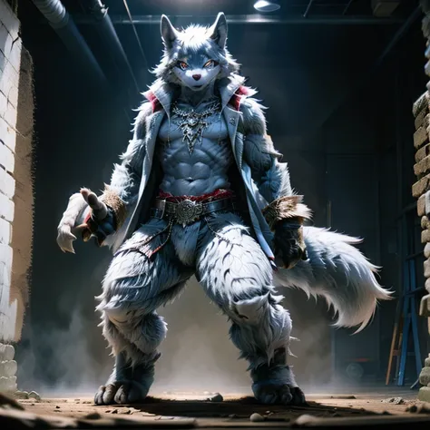 white werewolf, eyes blue, jacket, casting magic spell, strong, muscular, standing,