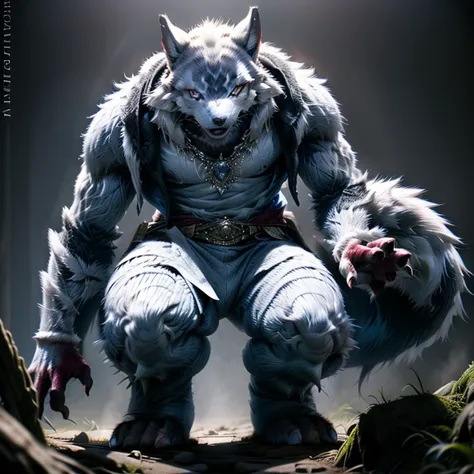 white werewolf, eyes blue, jacket, casting magic spell, strong, muscular, standing,