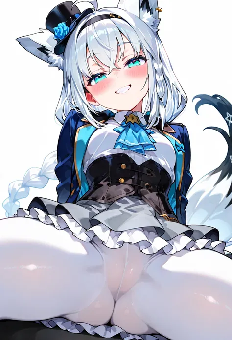 ( extremely detailed CG Unity 8K Wallpaper, Masterpiece, best quality , Super Fine), (Optimal lighting, best shadow , Extremely Exquisite Beauty ), (white background), 1 girl, solo, vtuber style, cool girl, hololive, Shirakami Fubuki, white hair, single si...