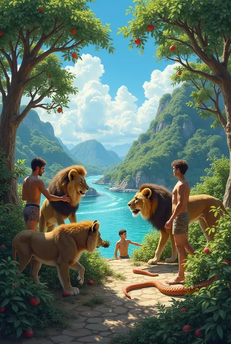 s playing with Lions, Men playing with snakes, many trees with fruit and a beautiful blue river in nature with a wonderful sky 