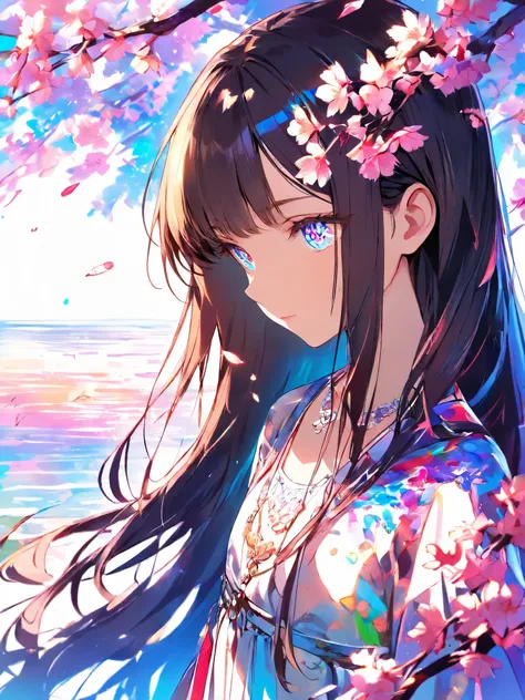 ( high quality ,  super precise ) ,( Handmade ) , 1  girl, Alone,  semi-long hair ,   BEAUTIFUL CRYSTAL EYES ,  necklace,  dress,  colorful, HIGHEST DEFINITION ,  upper body , Along with the river and cherry blossoms, flat chest,  Shade,