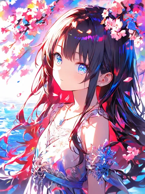 ( high quality ,  super precise ) ,( Handmade ) , 1  girl, Alone,  semi-long hair ,   BEAUTIFUL CRYSTAL EYES ,  necklace,  dress,  colorful, HIGHEST DEFINITION ,  upper body , Along with the river and cherry blossoms, flat chest,  Shade,