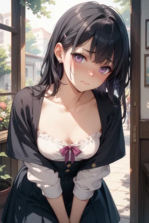  girls on the left、 black hair、 purple eyes、Chest、Embarrassed、Age 15、 small breasts、 forward bending、Peeping