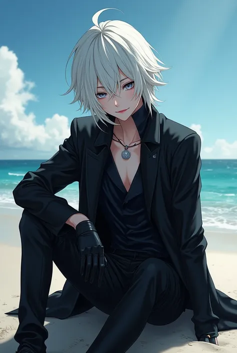 Anime pretty boy , White hair with. fringe covering the eyes ,  malicious smile,  black clothes in x and black gloves,  sitting on the beach