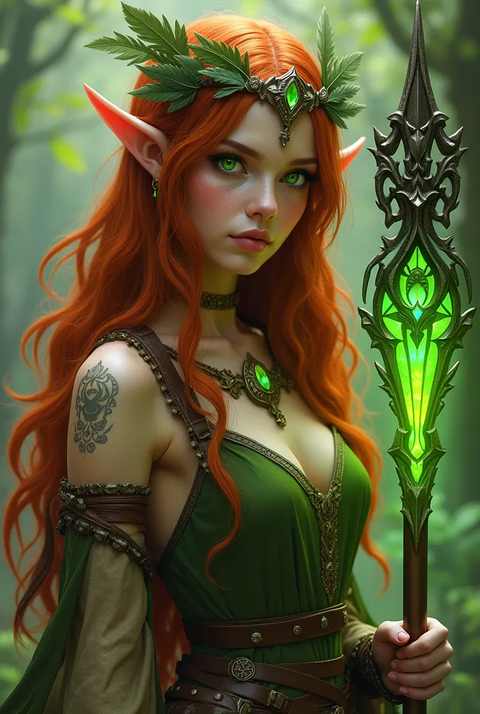 elf woman, His long copper hair is adorned with leaves and small branches that seem to form part of his hair.  Her emerald green eyes shine with an almost supernatural glow .  She wears leather and fabric outfits with natural tones , decorated with feather...