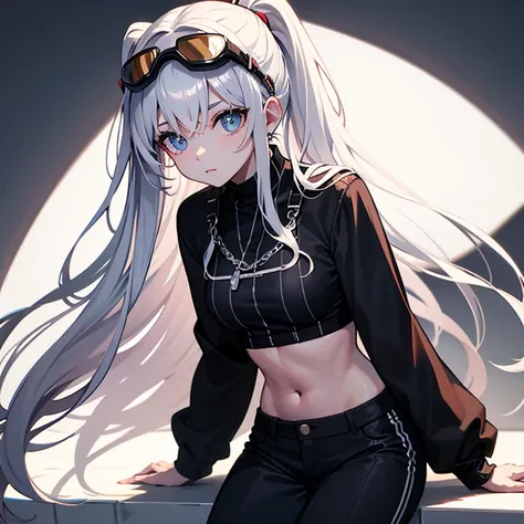 Frontal,Very pretty long white hair ,Wear a mood chain cropped top , with black goggles on your head,girl