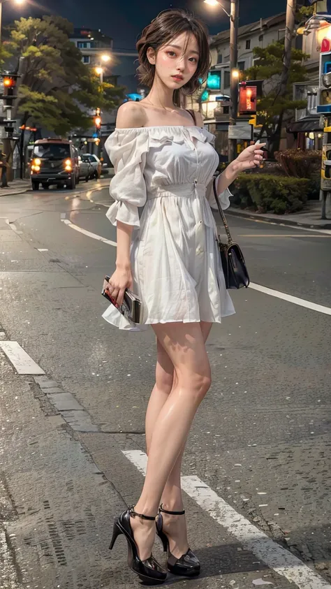 a beautiful young Japanese woman, 24 years old, with healthy thighs, beautiful legs, flawless skin, random hair color and hairstyle, large breasts, a hostess wearing a hostess dress, high heels, (she is standing:1.2), full body shot, holding a purse in one...