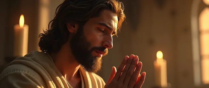 "A serene and contemplative side profile of Jesus Christ, with medium-length, wavy brown hair and a neatly trimmed beard, captured in a moment of intense prayer. His eyes are closed and a single tear gently rolls down His cheek, reflecting deep spiritual c...