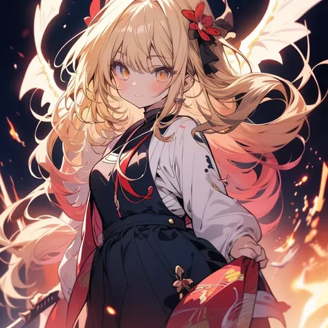 anime girl with long blonde hair and yellow eyes holding a sword, an anime drawing inspired by Li Shida, pixiv contest winner, shin hanga, blonde anime girl with long hair, anime girl with long hair, young anime girl, anime visual of a cute girl, female an...