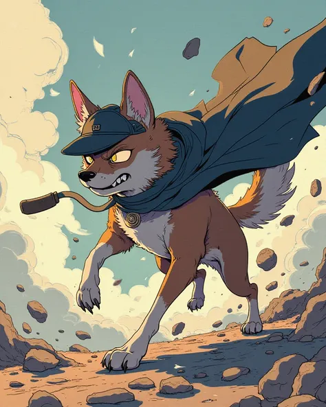 ((Dog Detective)),  anime style,  dynamic pose where you can insert a penis,  Wind Fluttering Cloak,  Dramatic Skies , A shadowy expression, thrill, force, Chasing the Culprit ,  Energetic 