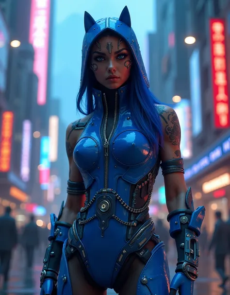 Mortal Kombat Kitana, cyberpunk, outdoor, street, royal blue, hyperrealism, photorealistic, 8k, unreal engine, 3d render 