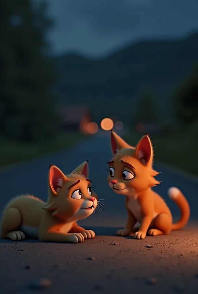 A weak and hurt cat lying on the ground, speaking softly to Golu. Her paw is slightly bent, showing injury. Golu leans in closer, his ears drooping slightly in sadness. The background has a few distant lights from a village, showing that the road is not co...