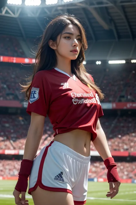 A beautiful woman with a large bust, medium breast, wearing liverpool jersey nike version, shorts, big thigh, at a stadium, detailed facial features, high-quality 8K rendering, realistic, photorealistic, HDR, ultra-detailed, studio lighting, vivid colors, ...