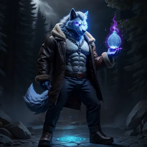 white werewolf, glowing eyes blue, jacket, casting magic spell, strong, muscular, standing, 
