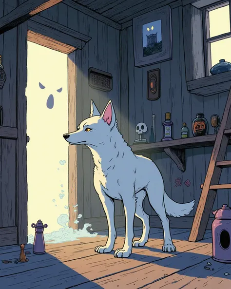 ((Dog Detective)),  anime style,  Ghost Hunter , Old Western-style building, Spooky Light, Pale Mist , paranormal phenomena, Magical Tools,  Glowing Eyes in the Dark ,  Horror and Mystery,  thrilling