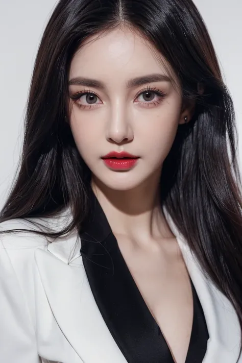 a woman, beautiful, amazing face and eyes, cosmetic, red glossy lips, (Wearing a black blazer),(Extremely detailed beautiful face),(best quality), (Super detailed), (Extremely detailed CG unified 8k wallpaper),original photo, Professional photography, (sta...