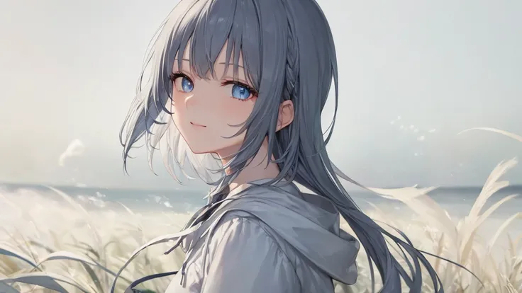  white hoodie、 black shirt、Ultra HD, look at the viewers, and, 20 years old, 非常に SHORT HAIR,  long bangs between eyes ,  pale blue eyes,  very detailed,( Masterpiece、 top quality),Gray Hair、Laughter、 amazing,  Silver Hair,  iris, Small face、明るいsmile、( deta...