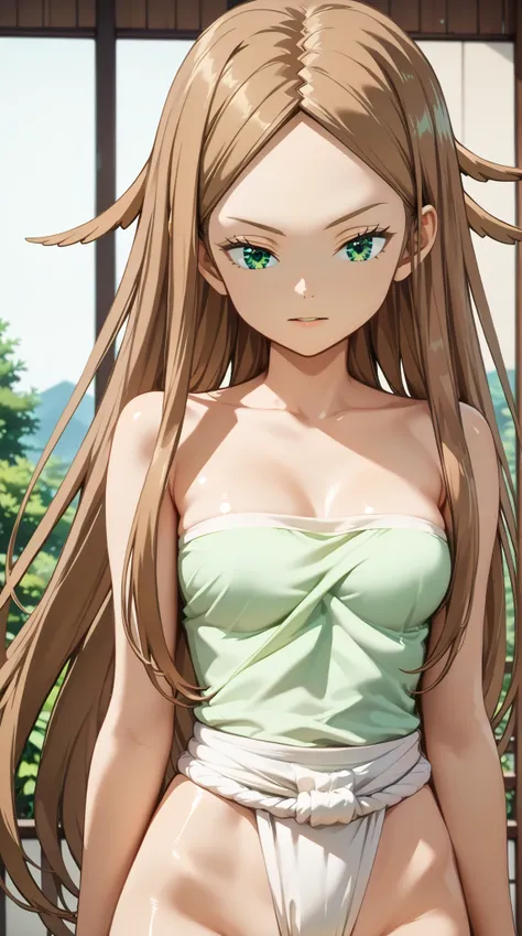 (UHD, retina, masterpiece, accurate, anatomically correct, super detail, high details,   highres, 1080P, 16k、high detail RAW color art:1.3)、(Kirie Konami ai:1.3)、(brown hair,long hair,forehead、green eyes:1.5)、(shiny skin:1.3)、(sarashi、fundoshi:1.3)