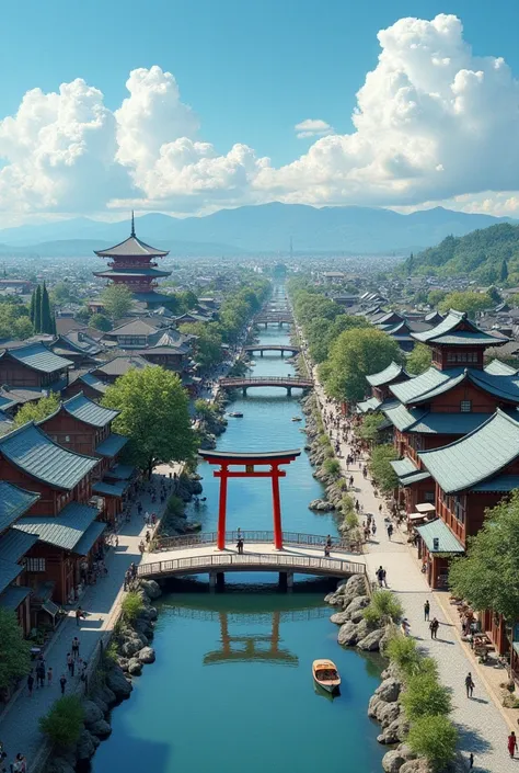 “A detailed and historically accurate aerial view of Hiroshima in 1945 before the atomic bomb. The city is vibrant and full of life, with traditional Japanese wooden houses, temples, and pagoda-style buildings lining the streets. A red torii gate stands pr...