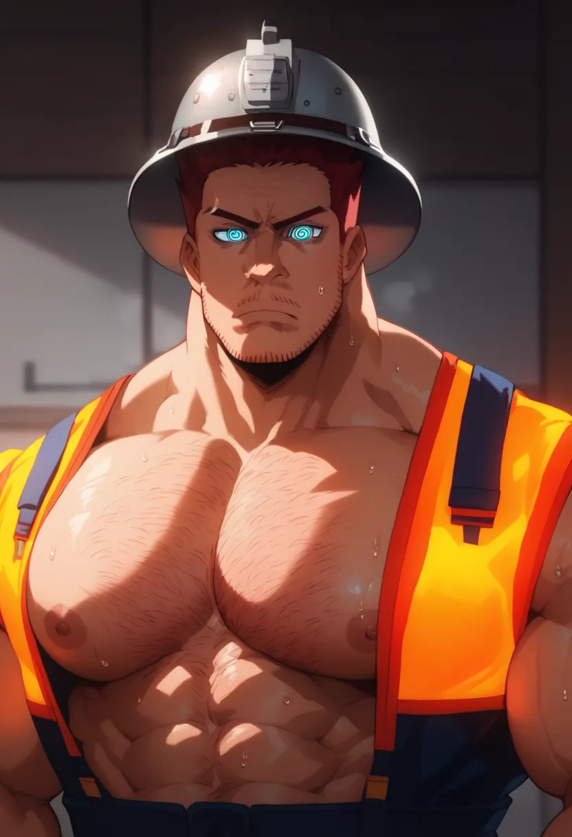 Endeavor, miner uniform, safety vest, safety helmet, shirtless, muscular, muscles, broad shoulders, massive pecs, sweaty, hairy chest, glowing spiral in the eyes, blank expression, vacant stare, hypnotized, brainwashed, focused, High Resolution