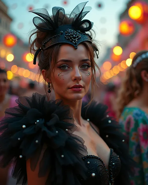 beautiful woman,  dancing, in the blurred background with other people wearing a black swan costume, carnival party, with streamers and confetti falling from the sky, vibrant colors, extreme close-up  close up, Bokeh, highlights bloom blurred, extremely be...