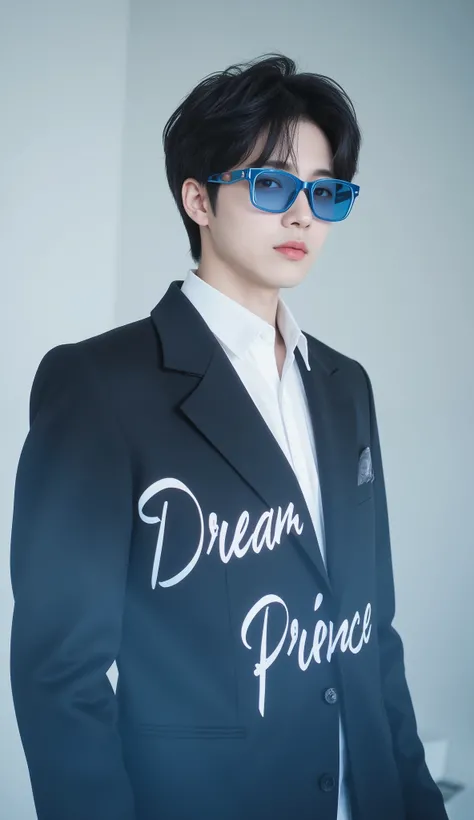 A Dream Prince, glowing skin, anime character face, white shirt, black jacket, blue designer sunglasses, Dream Prince text on jacket, designed text, portrait, HD quality, 4k ultra high quality. 