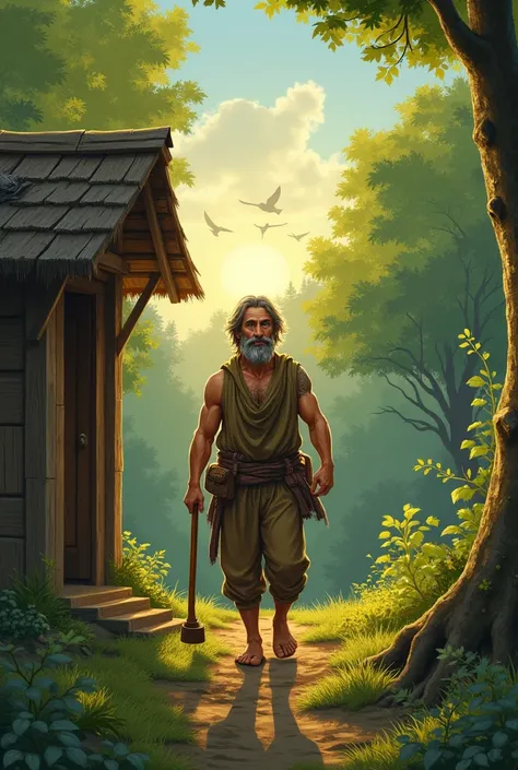 Setting: A small wooden hut near a lush green forest. Birds chirping, the sun rising, and the woodcutter stepping out with his axe.

Character: A humble, bearded woodcutter wearing simple, worn-out clothes.

Action: He picks up his axe and walks towards th...