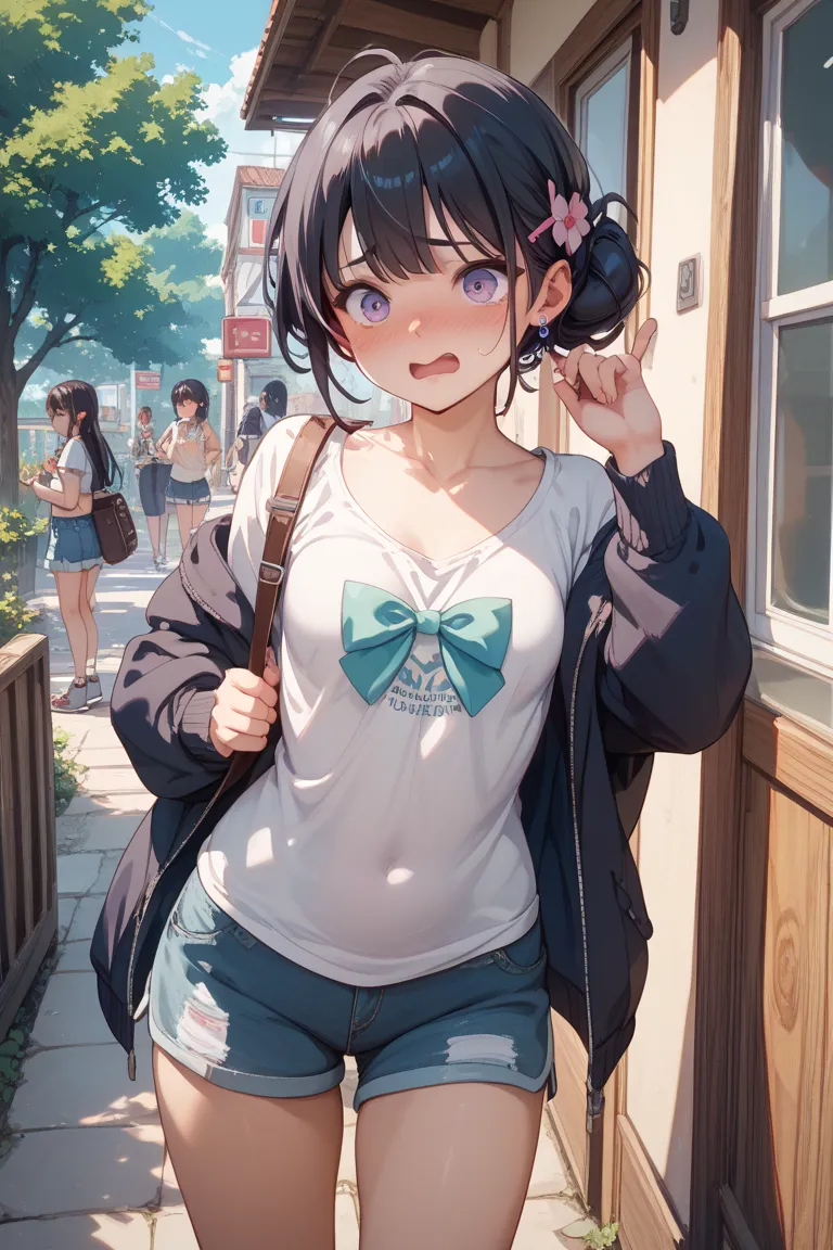  girls on the left、 black hair、 purple eyes、Chest、Age 15、 small breasts、 forward bending、Peeking In、 boobs、Roll up your clothes、Embarrassed、Surprise face、