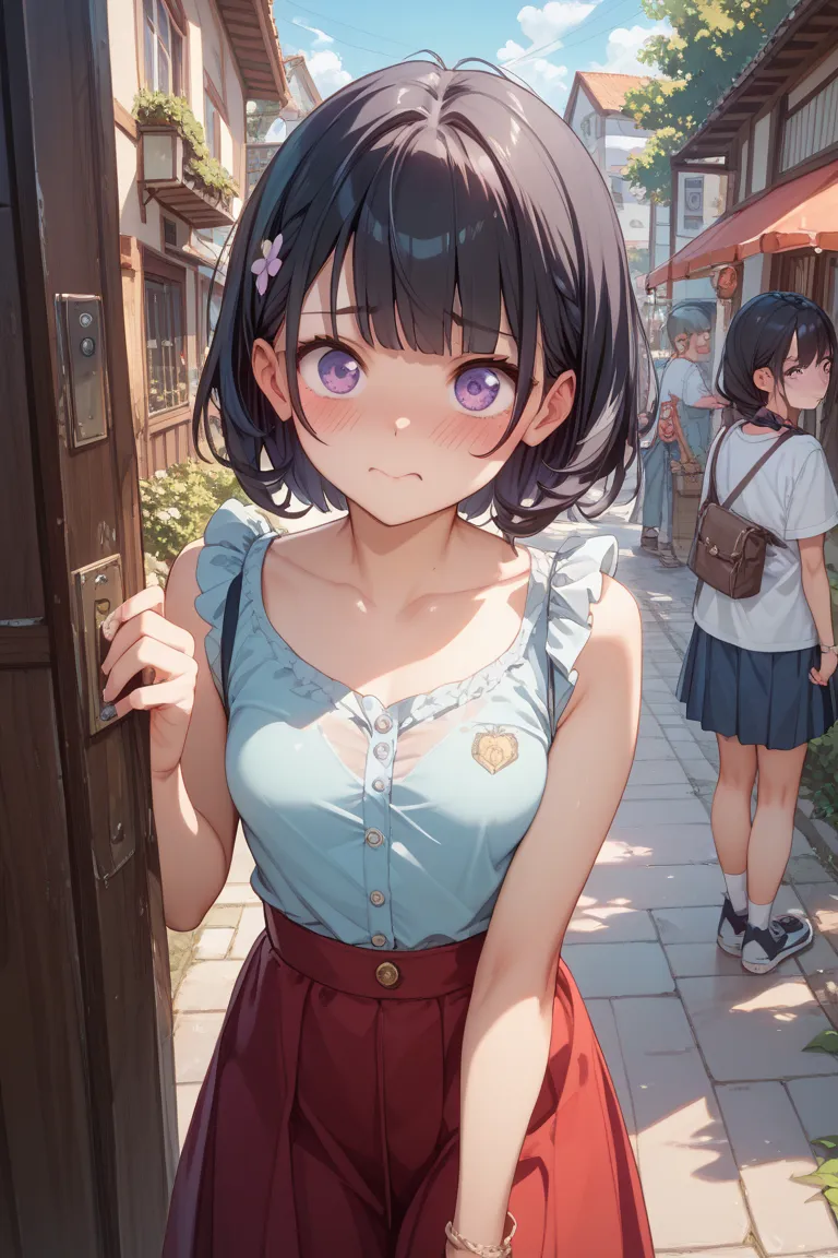  girls on the left、 black hair、 purple eyes、Chest、Age 15、 small breasts、 forward bending、Peeking In、 boobs、Roll up your clothes、Embarrassed、Surprise face、