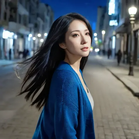 1 woman, mature, alone, Age 30, sadly, Close view ,(adult),semi blonde long black hair, feel the wind and facing away from the viewer, blue cardigan, walking, city full of light, nighlty (background is an empty street), view from above
