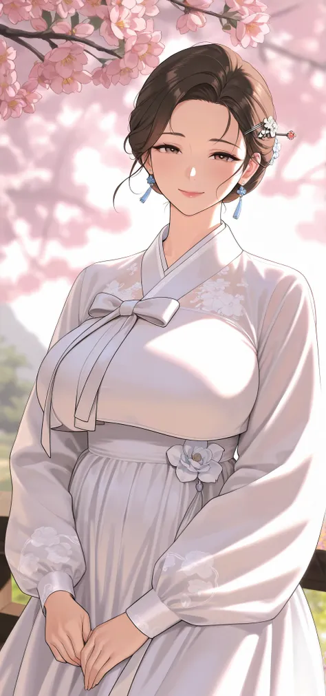 mature female, brown hair, short hair, hairpin, earrings, florals, white hanbok, milf, large breast, ooking at viewer, smile, soft light, high detailed, best quality, cowboy shot, outdoors, scenery, flower, branch, wind, close-up