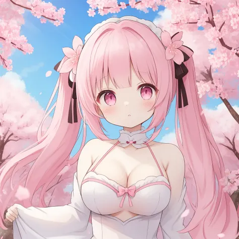 Pale pink hair、 long hair、Cherry Blossom Fairy 、Pink eyes、Background is cherry blossoms、blue sky、 twin tails、 is short、 lori、 flower headdress with death spots 、Toon style、 white dress、 popup、Big Breasts、 no bra