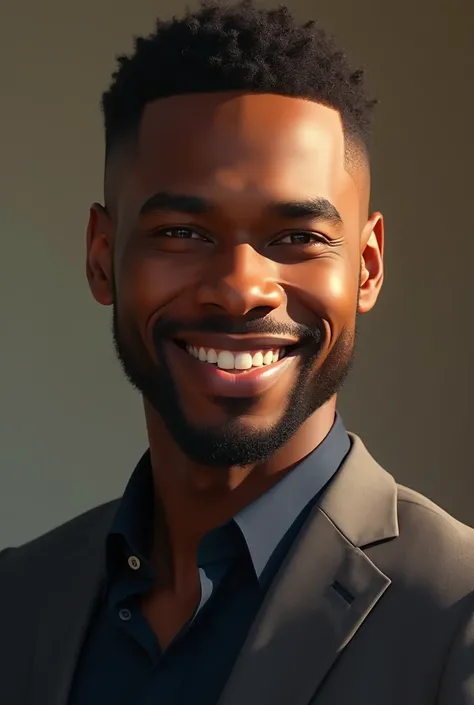 "Create a realistic digital portrait of a man resembling Herman Amisi. He should have dark skin, short black hair, and a friendly, expressive face with a charismatic smile. He is wearing a stylish suit or a casual yet elegant outfit. The background should ...