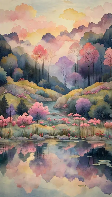 A dreamy fusion of watercolor and oil paints capturing a tranquil lakeside scene at twilight. The calm water mirrors the soft pastel colors of the fading sky—pinks, purples, and soft blues blending seamlessly into one another. Along the shore, tall grasses...