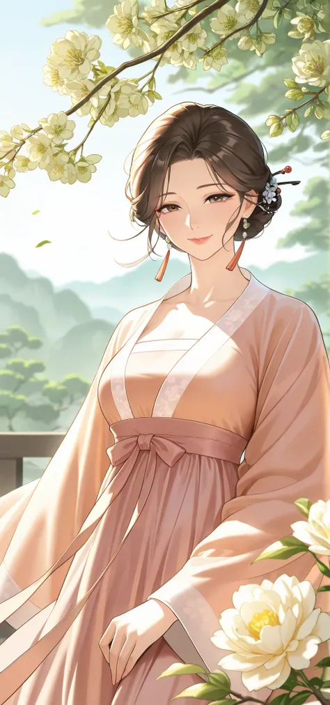 mature female, brown hair, short hair, hairpin, earrings, florals, wearing long hanfu, hanfu, milf, ooking at viewer, smile, soft light, high detailed, best quality, cowboy shot, outdoors, scenery, flower, branch, wind, close-up