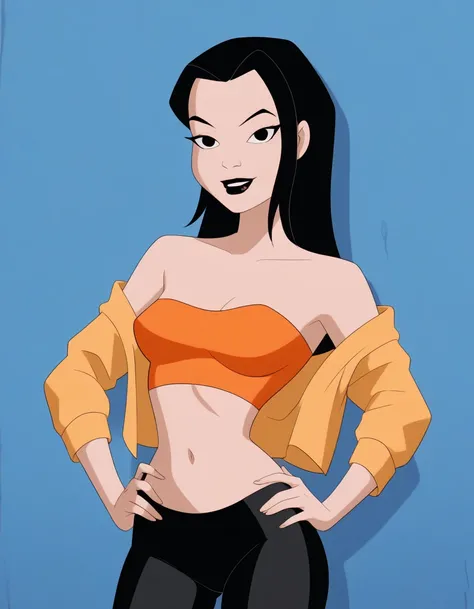 danatan, 1girl, black hair, solo, long hair, black eyes, black lipstick, makeup,, score_9, score_8_up, score_7_up, score_6_up, score_5_up, score_4_up, 1girl, looking at viewers, strapless, a orange off the shoulder shirt, navel, black leggings, medium brea...