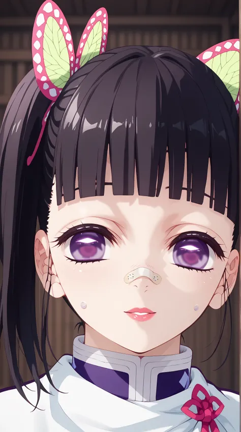 (UHD, retina, masterpiece, accurate, anatomically correct, super detail, high details,   highres, 1080P, 16k、high detail RAW color art:1.3)、 (Tsuyuri Kanao:1.3)、(side　Ponyterre、dark hair、purple eyes:1.3)、(shiny skin:1.3)、(adhesive plaster:1.3)