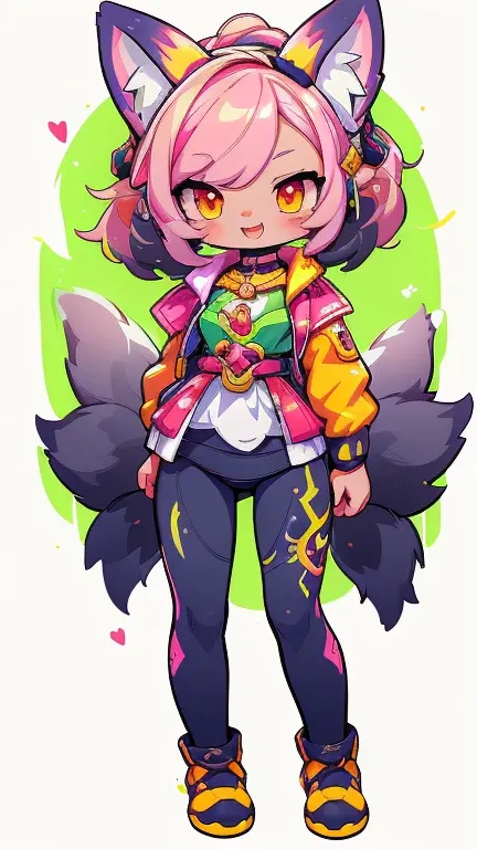 Create a unique sticker, Female hairy rainbow fox , Fox Ears , a fox tail , wide hips , White Skin Body , full body, standing, chibi. (cyberpunk style), ( High Quality , thong, 8k, high resolution), ((estilo chibi, chibi cute)), ( alone, A girl ), { fox gi...