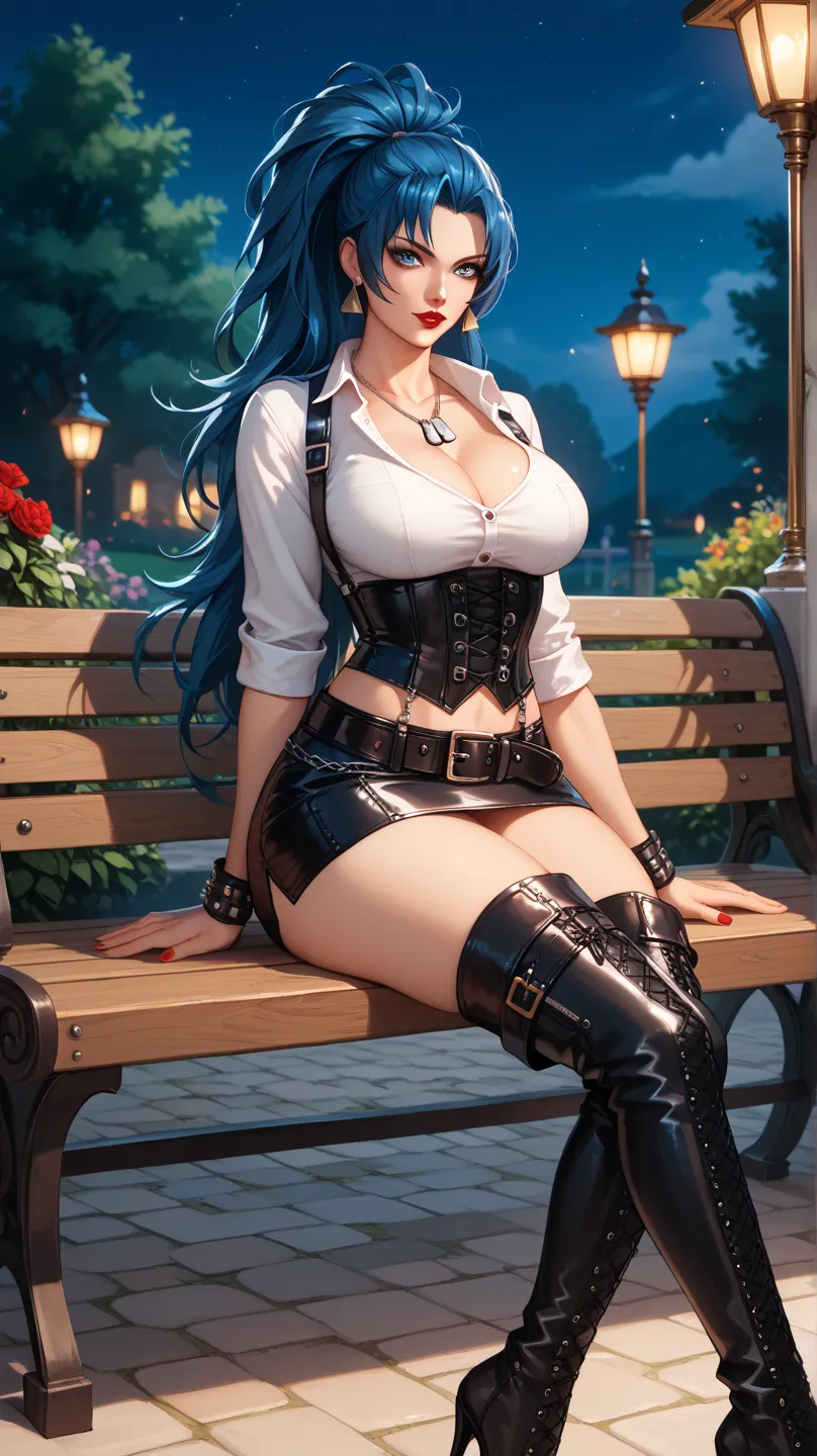 Sexy leona heidern,  blue eyes,  long hair,  dark blue hair, Red lips,   triangle earrings, dog tags,  big breasts, wearing a corset , suspenders,  white shirt, school-type mini skirt,belt with chains,  Thigh-length boots ,  high heels , In a medieval gard...