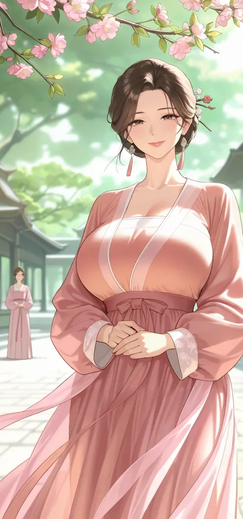 mature female, brown hair, short hair, hairpin, earrings, florals, wearing long hanfu, hanfu, milf, large breast, ooking at viewer, smile, soft light, high detailed, best quality, cowboy shot, outdoors, scenery, flower, branch, wind, close-up