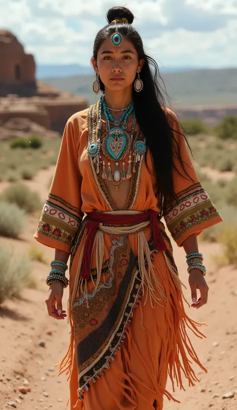 A beautiful 20-year-old Native American woman from the Navajo tribe walks gracefully, her presence exuding elegance and strength. She has an ideal physique, standing tall with poise and confidence, her deep, expressive eyes reflecting the wisdom and resili...